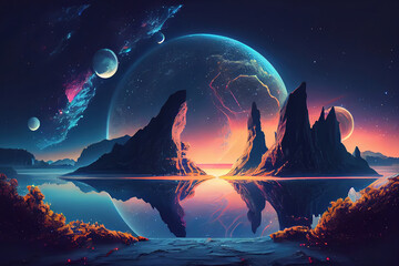 Modern futuristic fantasy night landscape with abstract islands. Generative Ai