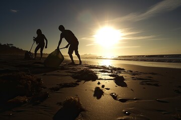 A powerful photo of two volunteers working tirelessly to clean up a polluted beach, with the silhouetted figure demonstrating the passion and commitment needed to make a difference.