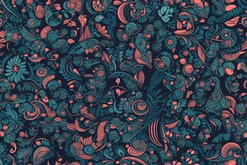 Poster - vibrant floral pattern with a red and blue color scheme. Generative AI