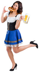 Wall Mural - Pretty oktoberfest girl holding beer tankard and pretzel