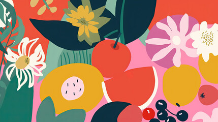 Wall Mural - Pattern with flowers, fruits and plants in matisse style. Background with trendy doodle abstract elements. Natural random matisse shapes. Generative AI