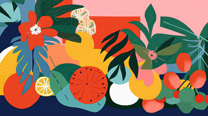 Wall Mural - Pattern with flowers, fruits and plants in matisse style. Background with trendy doodle abstract elements. Natural random matisse shapes. Generative AI