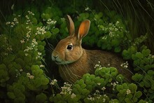 Cute Rabbit Bunny In Green Grass Field. Generative Ai Illustration