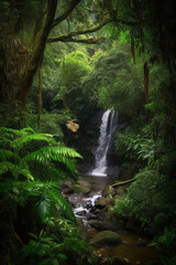 Canvas Print - Waterfall in green rainforest generative AI