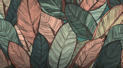 Wall Mural - Tropical analia palm leaf Wallpaper, Luxury nature leaves pattern design, Hand drawn outline design for fabric, print, cover, banner and invitation, Generative AI