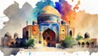 Registan - the heart of the ancient city of Samarkand of the Timurid Empire, now in Uzbekistan. Watercolor style illustration by Generative AI.