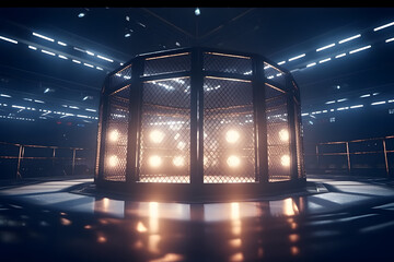 Wall Mural - MMA fight cage with lights. Postproducted generative AI digital