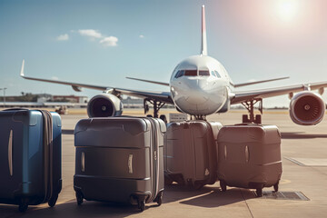 Airport with luggage suitcases and airplane in the background, airplane in the blurred background, summer vacation concept, traveler suitcases in airport terminal waiting area. Generative AI