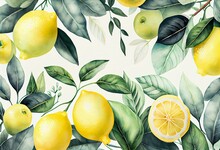 Watercolor Lemon Seamless Pattern, Vintage Summer Wallpaper. Generative AI
