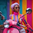 Vibrant and Playful: A Retro-Mod African American Female on a Moped - Regenerative AI