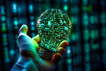 A human hand holding a light bulb with a glowing brain inside, representing creativity and ideas