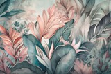 Fototapeta Boho - Soft colored tropical leaf wallpaper, banana plants, mural art, interior decor. Generative AI