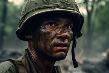 Wall Mural - Portrait of an exhausted Vietnam era soldier in combat, wet, rainy jungle during monsoon