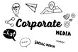 Corporate text surrounded by various icons
