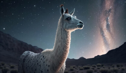 Portrait of a white llama Lama glama isolated on fantasy sky background