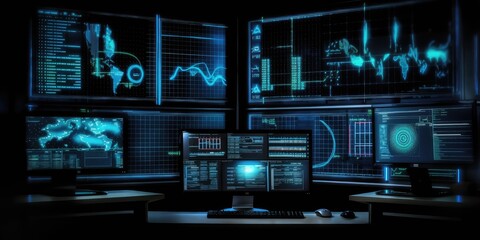 Control center, computers at the workplace. Analytical data. AI generated