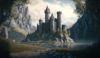 A mountainous canyon landscape with gothic castles, lake and a great blue heron.