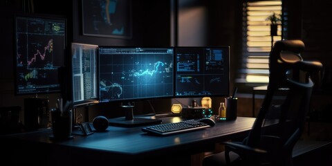 Several personal computer monitors showing a language coding program with a system monitoring interface. AI generated
