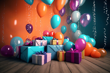 Wall Mural - birthday party composition with colored balloons and gift boxes - Generative AI