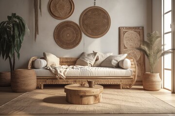 Poster - Bohemian living room with wooden panel close up. Rattan and white fabric couch. Mediterranean farmhouse interior concept,. Generative AI