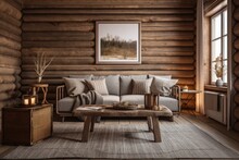 Gray Beige Log Cabin Living Room, Front View. Frame Mockup, Fabric Sofa With Cushions. Farmhouse Decor,. Generative AI