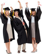 Three students in graduate robe raising their arms