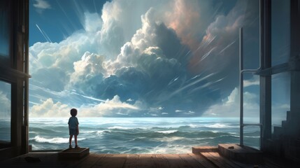 Wall Mural - Capturing the Beauty of Nature: A Photography Award-Winning Shot of a Child Standing on the Beach Silhouette Watching the Epic Ocean Waves at Sunset, Generative ai