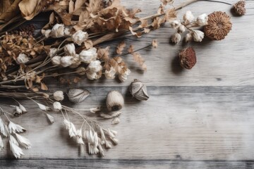 Wall Mural - White wooden rustic vintage table with natural dried branches of fluffy flowers, top view. Copy space banner. Generative AI