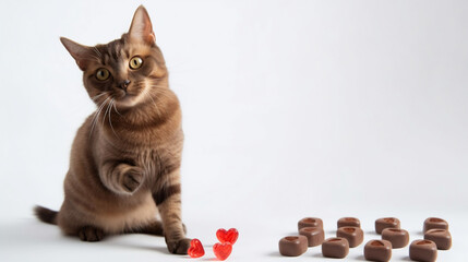 Wall Mural - A cute adorable cat with a box of chocolates, a mothers day banner.