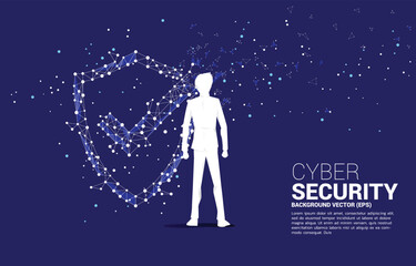 Poster - Vector Silhouette of businessman with Protection shield icon from dot connect line polygon network. concept of guard security and safety