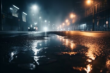 Dark empty street scene with wet asphalt reflecting neon lights, searchlight, and smoke, creating a moody night city atmosphere. generative ai