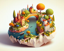 Ai Diorama 3d Colorful Digital Art Of A Port City With Low Poly Cute Houses On A Lake, Bridge. Isometric  Art With Garden, High Detail Cartoon Style Vignette For Modern Design And Gaming, Isolated.