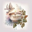 A Watercolor Holy Baptism with Dove and Baptismal Font, Generative AI.	