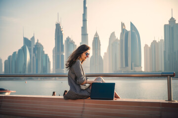 Wall Mural - Young woman with sunglasses sitting besides a Dubai marina and doing work on laptop. Student or freelancer lifestyle. High quality generative ai