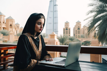 Wall Mural - Young Arab woman with Hijaab sitting in Dubai and doing work on laptop. High quality generative ai