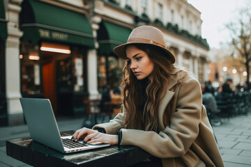 Wall Mural - Young woman sitting in London and doing work on her laptop. Student or freelancer lifestyle. High quality generative ai