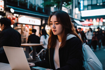 Wall Mural - Young Asian woman using her laptop in Tokio. Student or freelancer lifestyle. High quality generative ai