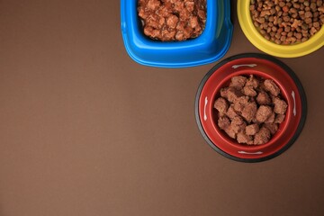 Wall Mural - Dry and wet pet food in feeding bowls on brown background, flat lay. Space for text