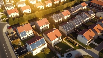 
drone view of residential houses with photovoltaic solar. Created with generative AI.