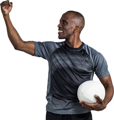 Poster - Sportsman with clenched fist holding rugby ball after victory