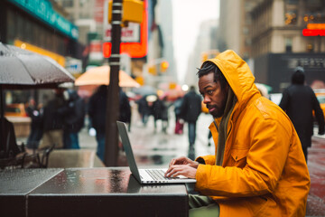 Black man with a orange raincoat using a laptop in the middle of New York while raining. Student or freelancer lifestyle. High quality generative ai