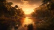 Tropical jungle landscape with Amazon jungle river at sunset. Created with Generative AI.