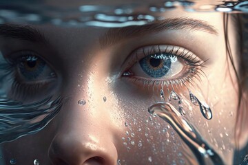 Close up woman eyes at the water surface. superlative generative AI image.