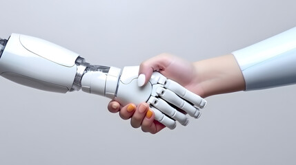 Robot and man hands in handshake. AI technology development and human robot relationships.