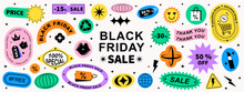Set Of Cool Trendy Sale Stickers For Business. Black Friday Sale. Geometric Elements For A Store Sale, Online Promotion Or Social Media Posts. Brutalism Aesthetic.