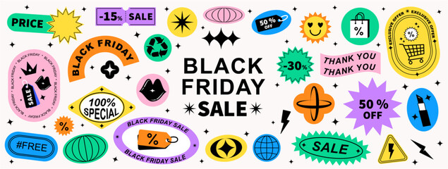 set of cool trendy sale stickers for business. black friday sale. geometric elements for a store sal