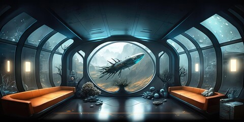 Wall Mural - futuristic interior of spaceship inside of hallway. superlative generative ai image.