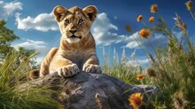 Lion Cub Sitting On Top Of A Rock In A Field Of Grass. Created With Generative AI.