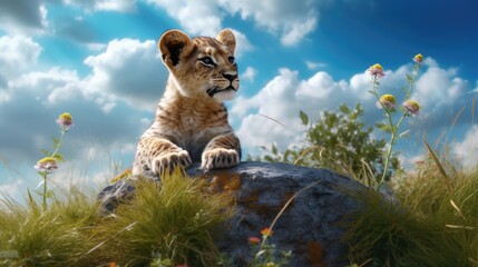 Wall Mural - lion cub sitting on top of a rock in a field of grass. created with generative ai.