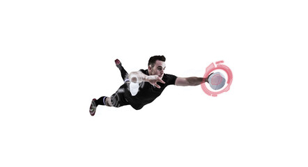 Canvas Print - Digital composite image of rugby player in mid air about to score